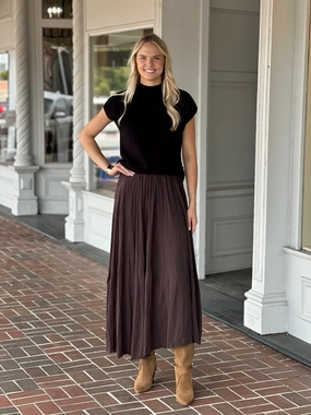 Casual Comfort Easy Combo Brown Elastic Waist Pleated Midi Skirt