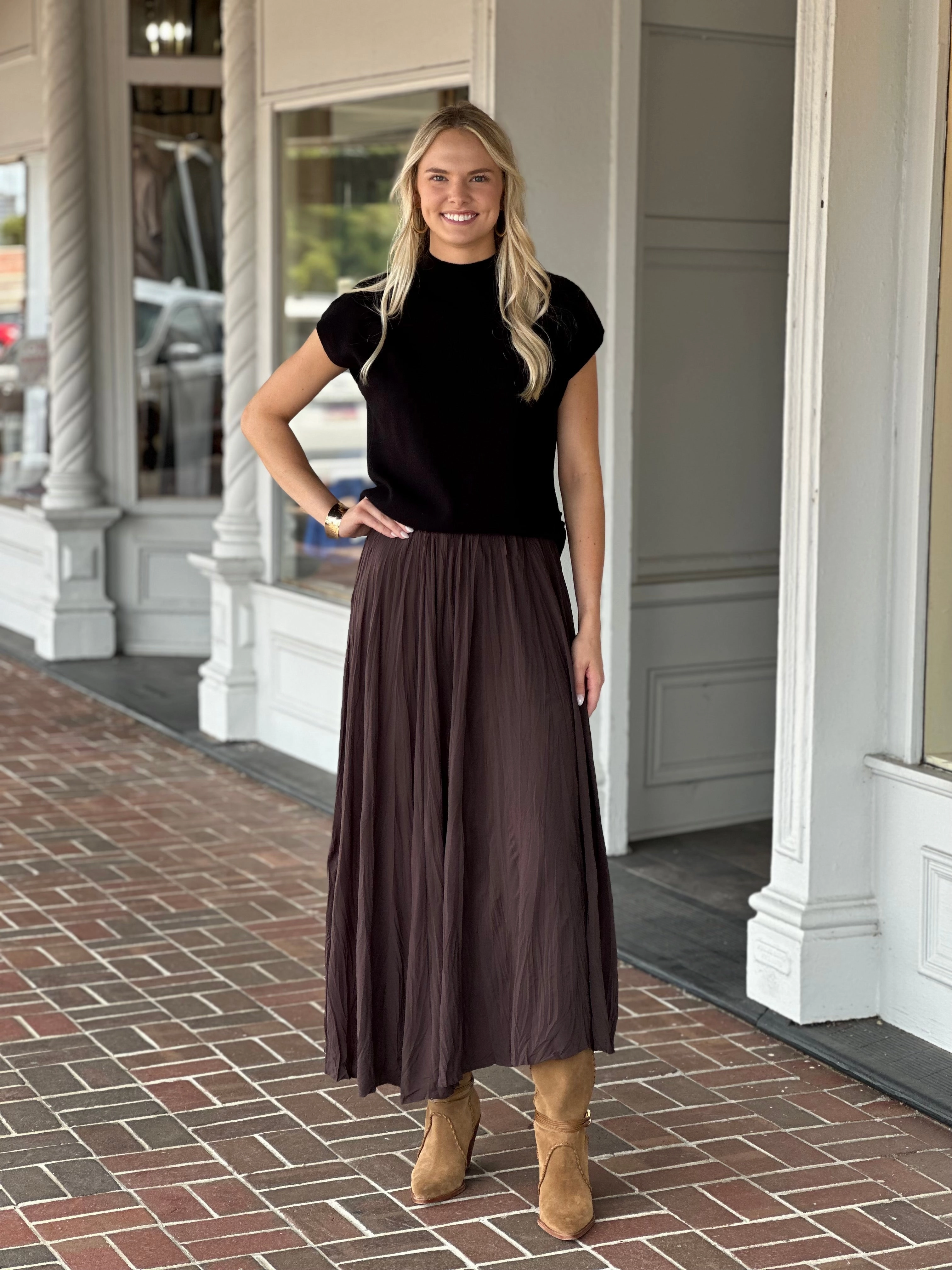 Casual Comfort Easy Combo Brown Elastic Waist Pleated Midi Skirt
