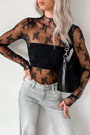 Living For The Likes Lace Long Sleeve Top (Black) Professional Look Versatile Layering Piece