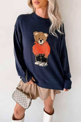 Dimming Lights Cable Knit Bear Sweater (Navy) DropShoulder