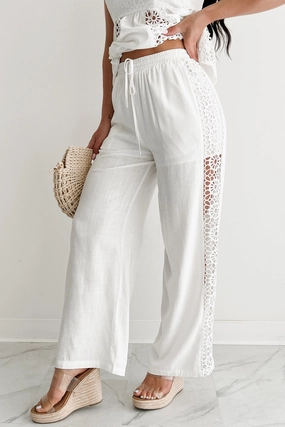 Functional Fashion Chilly Layering Gentle & Genuine Linen Crochet Wide Leg Pants (White)