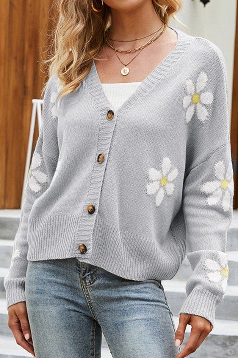 Soft Cotton Blend WOMEN FLOWER PRINTING BUTTON UP KNIT CARDIGAN