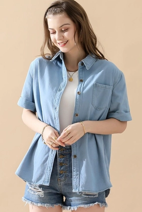 DENIM ROLL UP SHORT SLEEVES ONE POCKET SHIRTS FlexibleNeckline BlendMaterials