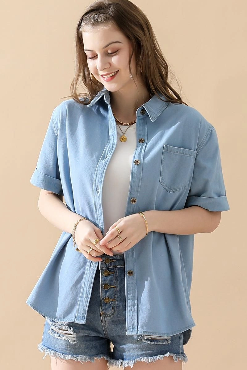 DENIM ROLL UP SHORT SLEEVES ONE POCKET SHIRTS Airflow Mesh Panel Chic Cardigan