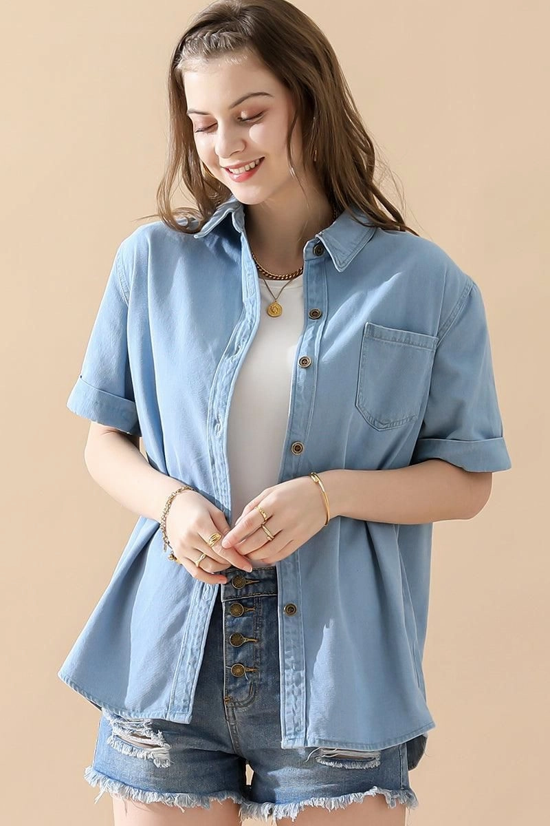 DENIM ROLL UP SHORT SLEEVES ONE POCKET SHIRTS Flatlock Seam Technology Trendy Shirt