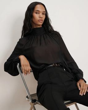 UV Protective Layer Alyssa Silk Turtleneck Blouse Black