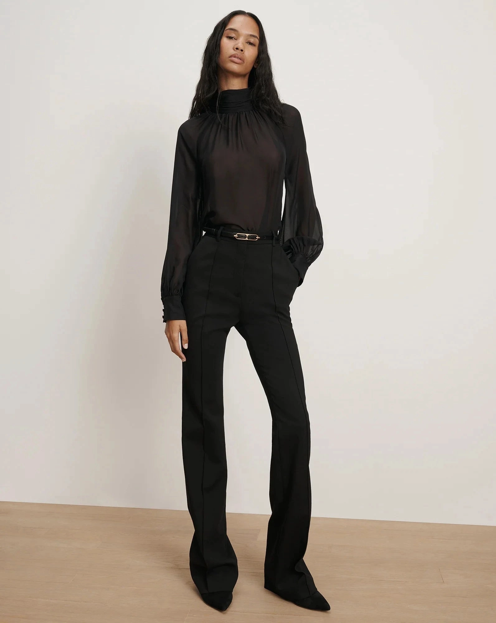 Curved Hemline Alyssa Silk Turtleneck Blouse Black