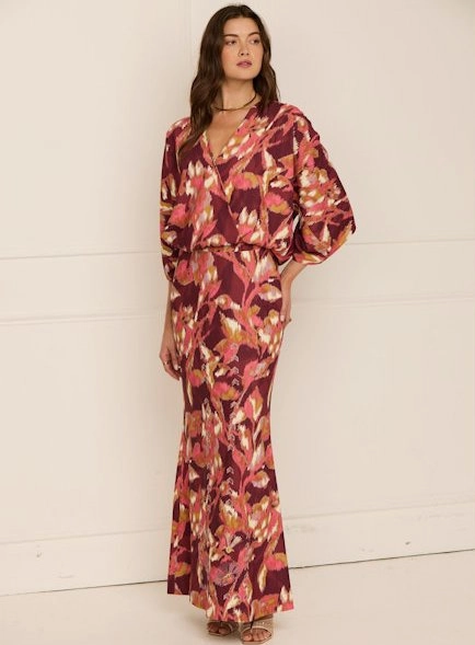 Mirabel Top Ikat Foliage Bordeaux Red Flowing Design Convertible Collar