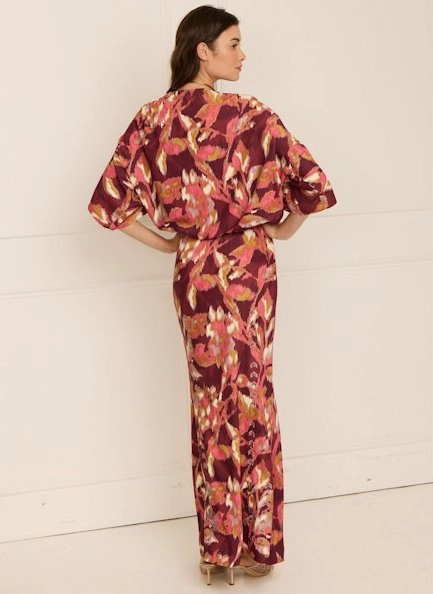 Contrast Stitching Mirabel Top Ikat Foliage Bordeaux Red