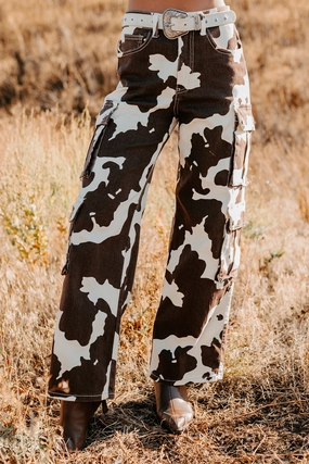 RuggedDurability Belt loops Mirabel Wide Leg Cow Print Balboa Jeans (Brown)