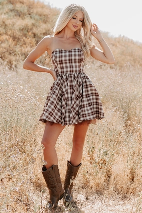 Misfit Muse Plaid Strapless Mini Dress (Brown) Pure Fit