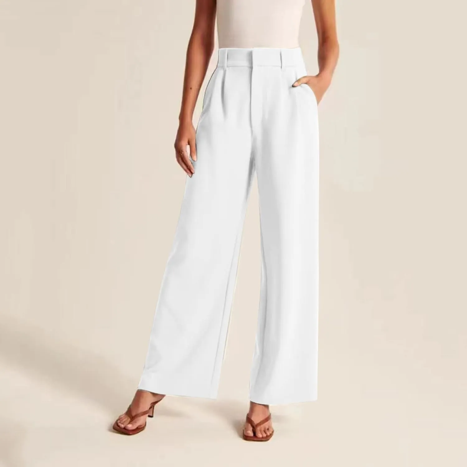 Mmoneyake Women's Formal Pants High Waist Casual Wide Leg Pants Work Office Palazzo Pants Straight Long Trousers with Pockets