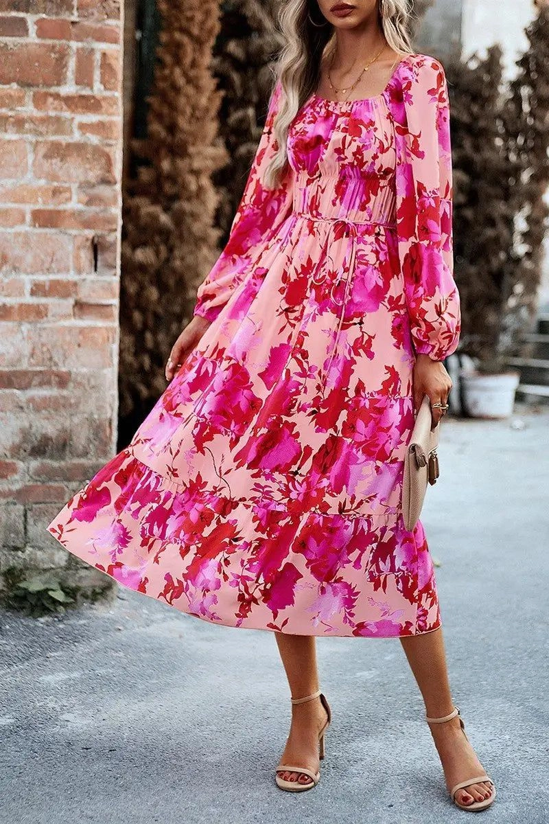 Flawless Waistband Fit WOMEN FLORAL PATTERN SQUARE NECK MAXI DRESS