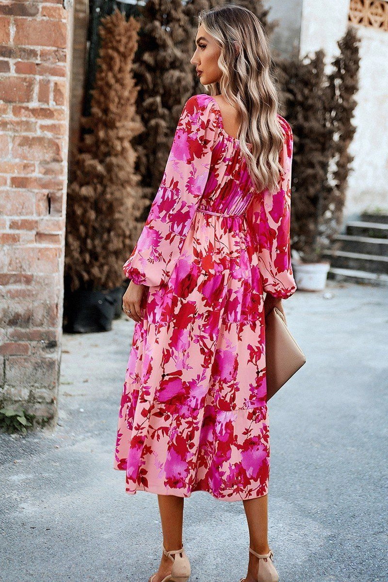 WOMEN FLORAL PATTERN SQUARE NECK MAXI DRESS Side-Zip Bright-colored piece