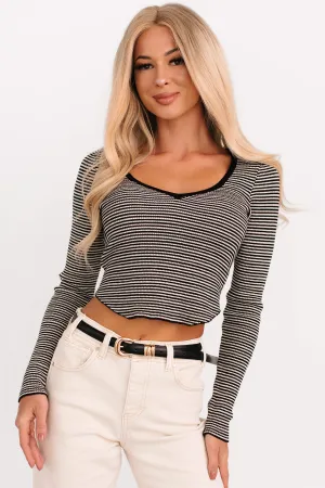 Before You Go Striped Long Sleeve Top (Black) Layered Neckline Details Reinforced Stress Points