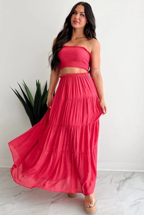 UltraSoft Lining WrinkleFree Weaving Low-Key Luxury Smocked Bandeau & Maxi Skirt Set (Coral Red)