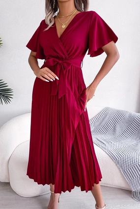 WOMEN CAPE SLEEVE TIED WAIST PLEATED LONG DRESS Side Tie