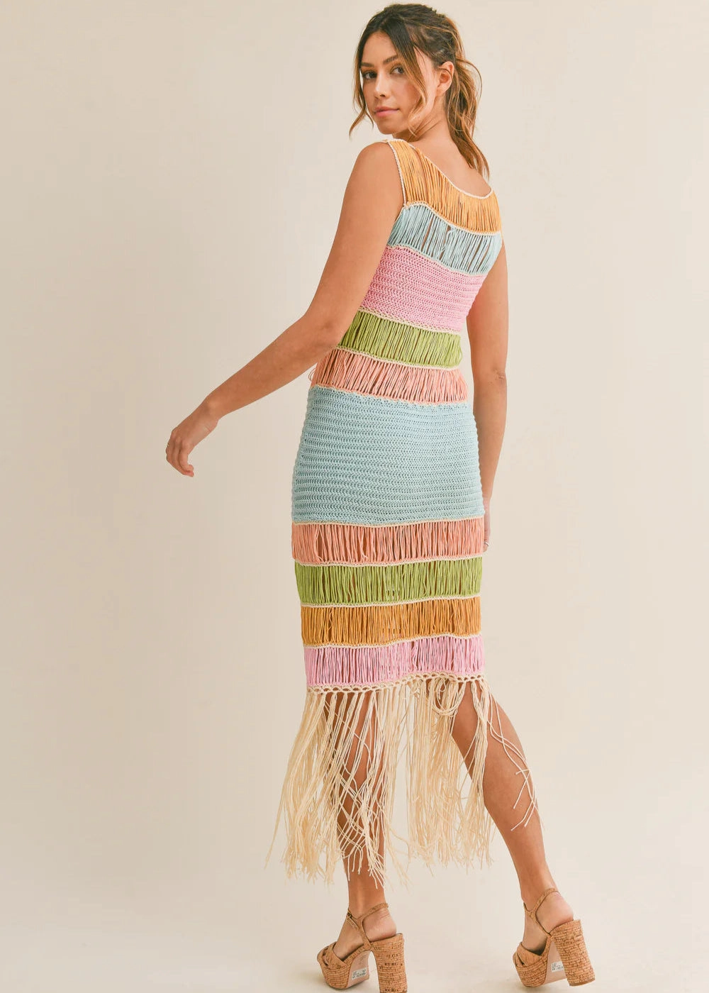 Calm Energy DAISY FRINGED CROCHET KNIT DRESS