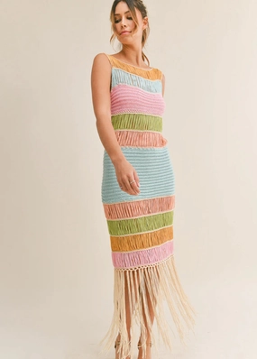 DAISY FRINGED CROCHET KNIT DRESS Red-Carpet Sleek Draping