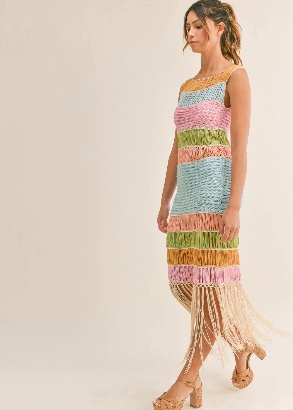 DAISY FRINGED CROCHET KNIT DRESS Breathable Feel Romantic Soft