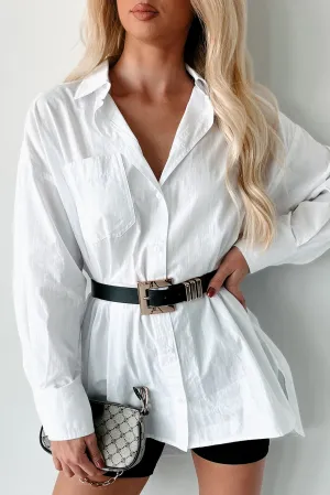 Four Way Stretch Material Modernly Classic Oversized Button-Up Shirt (White)