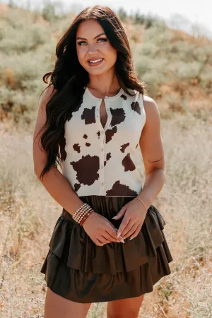 Rodeo Glow Sleeveless Cow Print Top (Beige/Brown) Antimicrobial Treatment