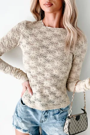 Timeless Chic Floral Lace Long Sleeve Top (Beige) Ribbed collar