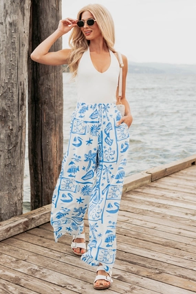 Saltwater Serenade Tropical Pattern Wide Leg Pants (Blue) Breathable Wear Fit Unrestricted Movement