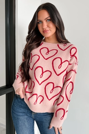 My One True Love Heart Print Sweater (Blush/Red) FlexibleCuff Self Fabric Tie