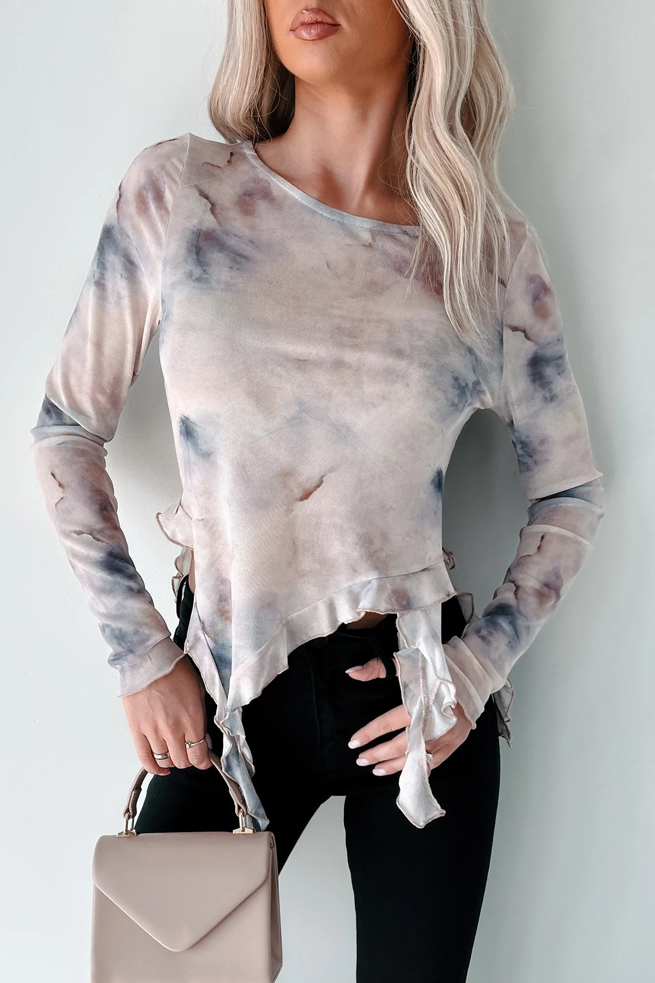 Artistic Expression Ruffle Mesh Top (Grey/Mauve) Organic Cotton Fiber LoopwheelFabric