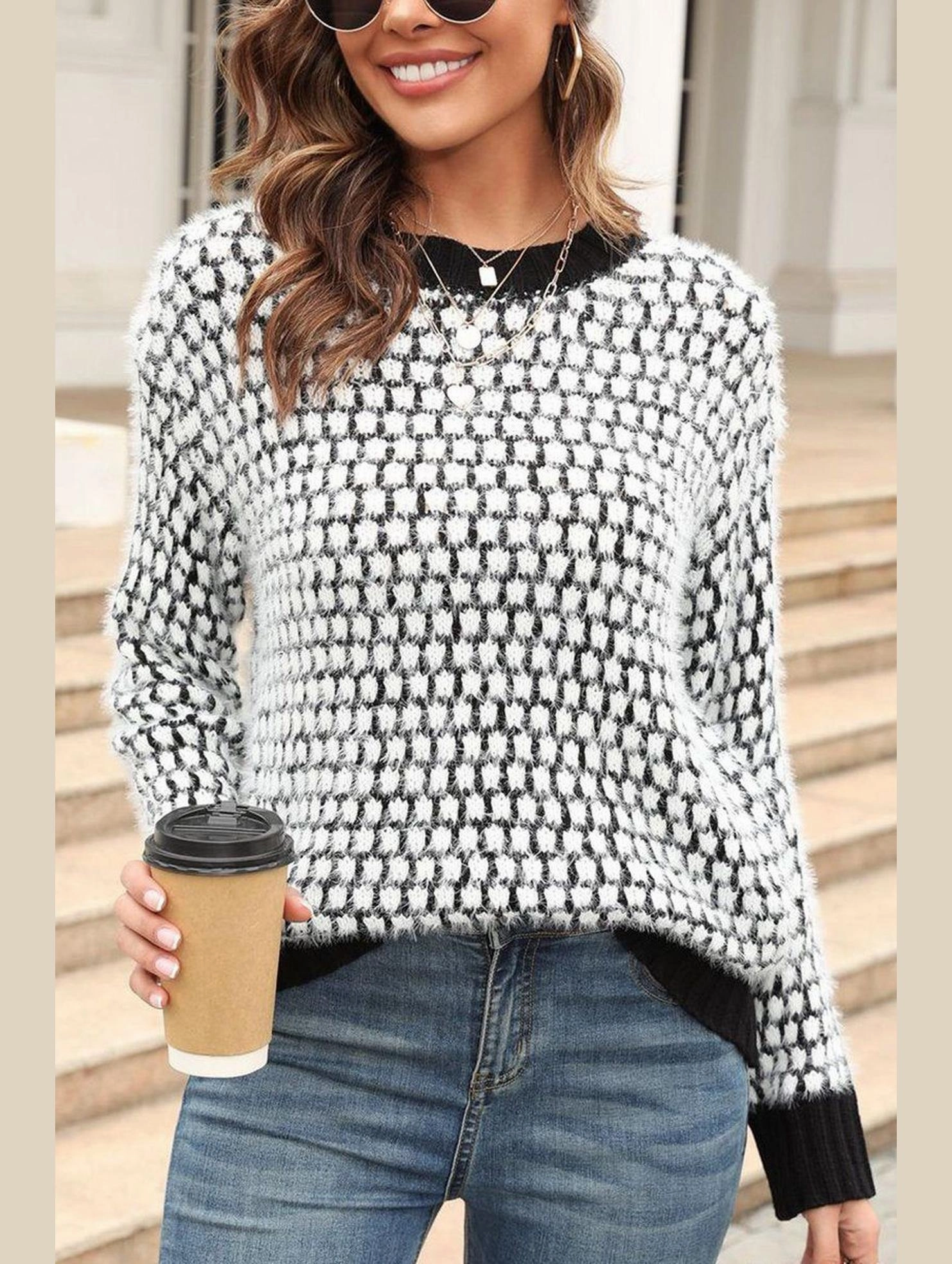 CONTRAST LARGE ROUND NECK LONG SLEEVE SWEATER Hidden Pocket