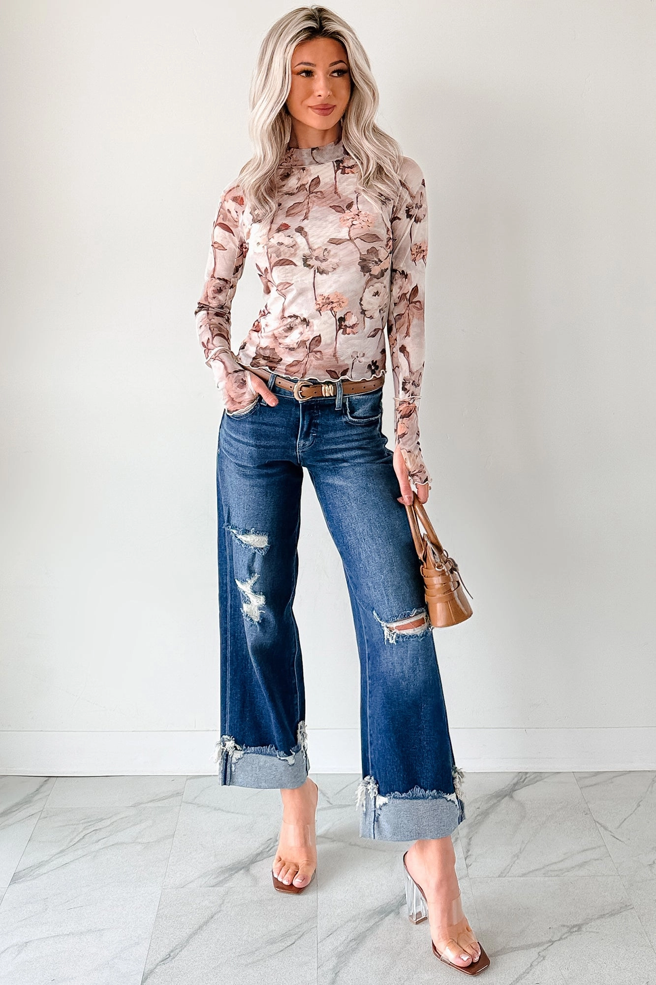 Comfy Wearable Ivan Distressed Cuffed Hidden Dad Jeans (Medium Dark)