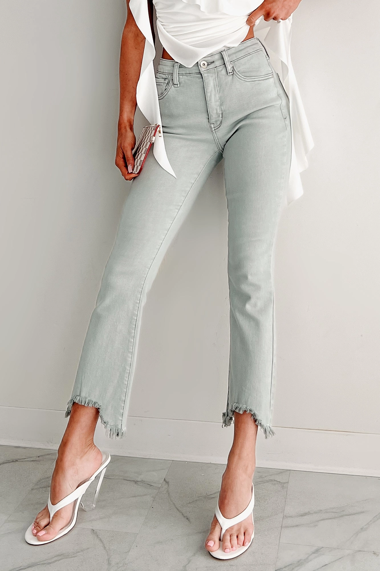 Tulsa Mid Rise Tummy Control Special A Kick Flare Jeans (Light Grey) Loose Design