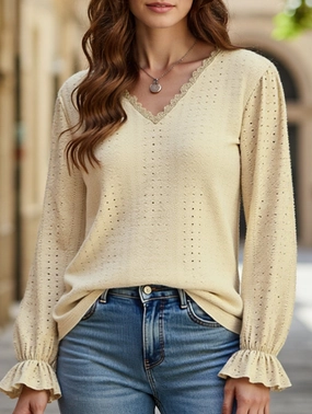 WOMEN LACE TRIM NECK EYELET LONG SLEEVE SHIRT TOP HeavyweightThermal Lightweight Design