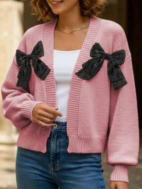 No Iron Fabric Luxurious Feel Women's Ribbon Bow Spliced Cardigan Sweater
