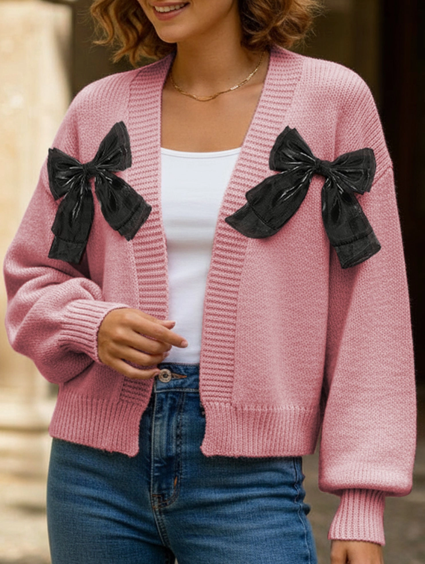 No Iron Fabric Luxurious Feel Women's Ribbon Bow Spliced Cardigan Sweater