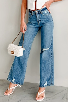 Molly High Rise Wide Leg Distressed Indigo Reign Jeans (Medium Light) All Around Fit Low Bulk Design