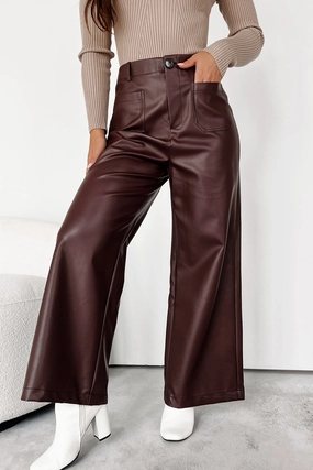 More Than Usual Wide-Leg Faux Leather Pant (Chocolate) AntiStaticLining
