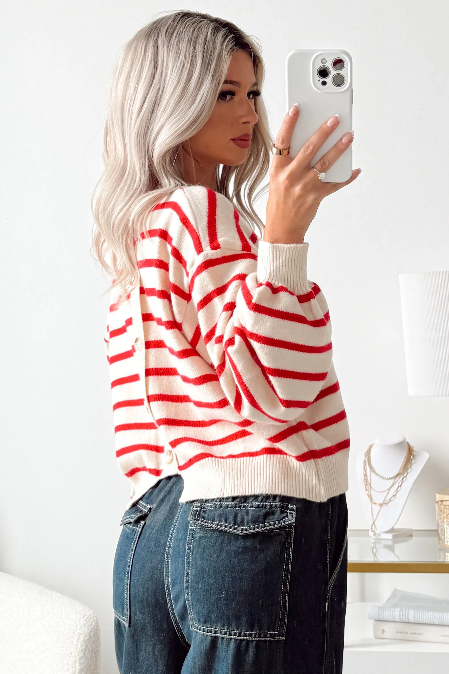 Morning Rituals Striped Button Detail Sweater (Red) Comfortable Look