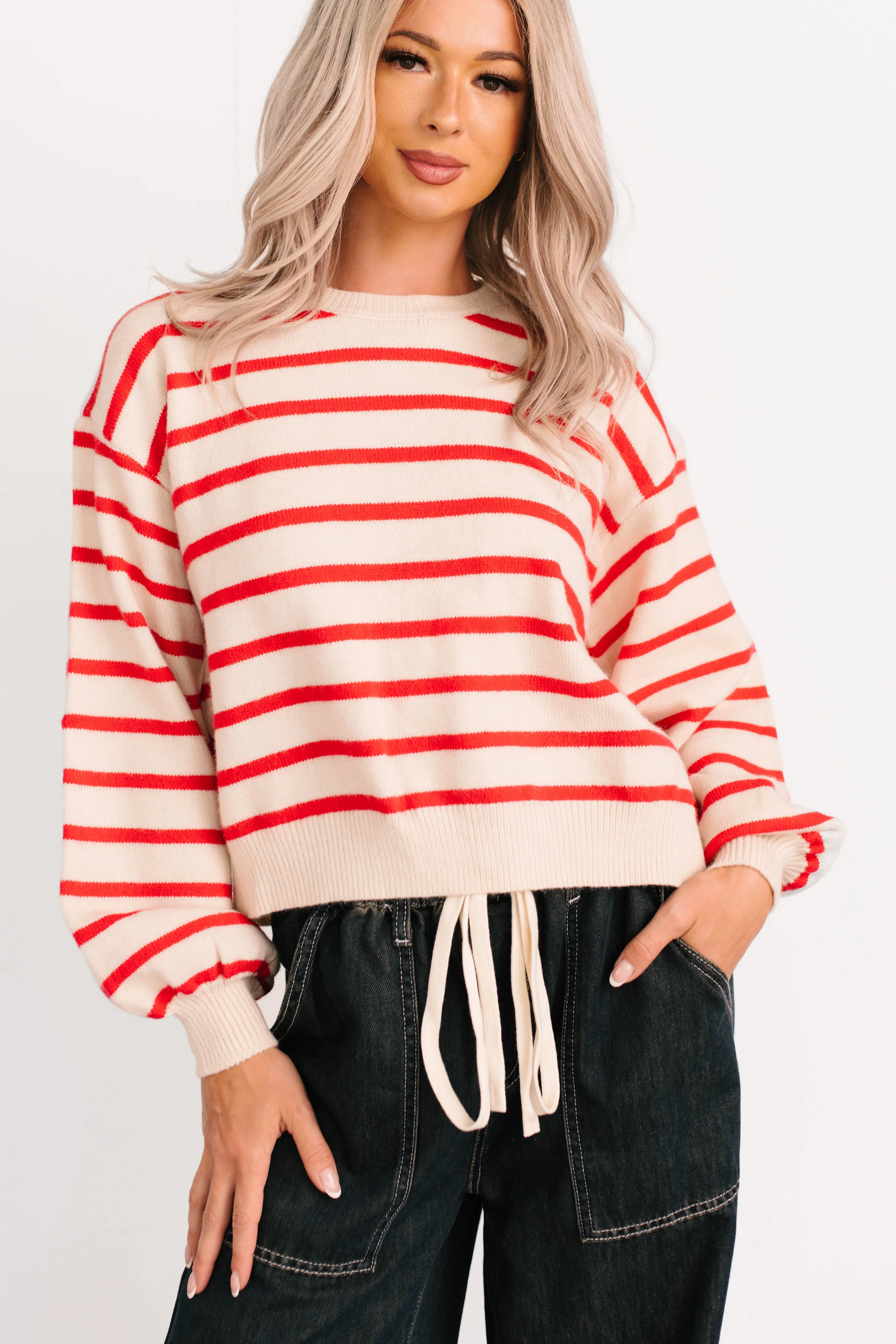 RawEdgedDesign Adjustable Hem Cuff Morning Rituals Striped Button Detail Sweater (Red)