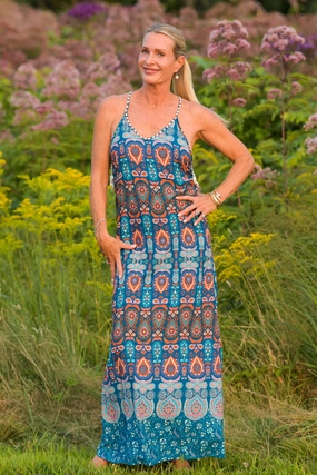 Mozambique Dress / Orange Teal Classic knee-length dress Elegant Waistband