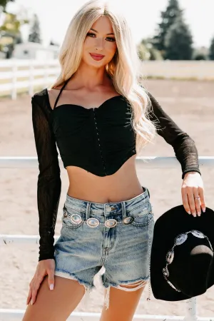 Whisper Of Romance Sweetheart Mesh Crop Top (Black) Adaptive Waistband Thermochromic Color Shift Tech