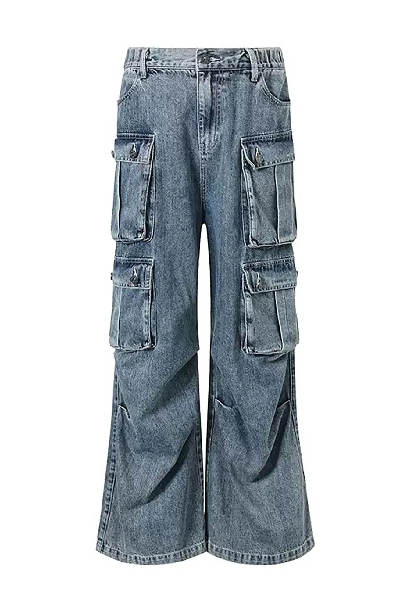 Multi-Pocket Pleated Wide-Leg Cargo Jeans