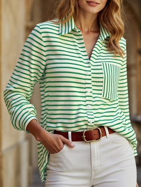 MultiDirectionalStretch UltraLightweight Cute Striped V-Neck Button-Down Shirt