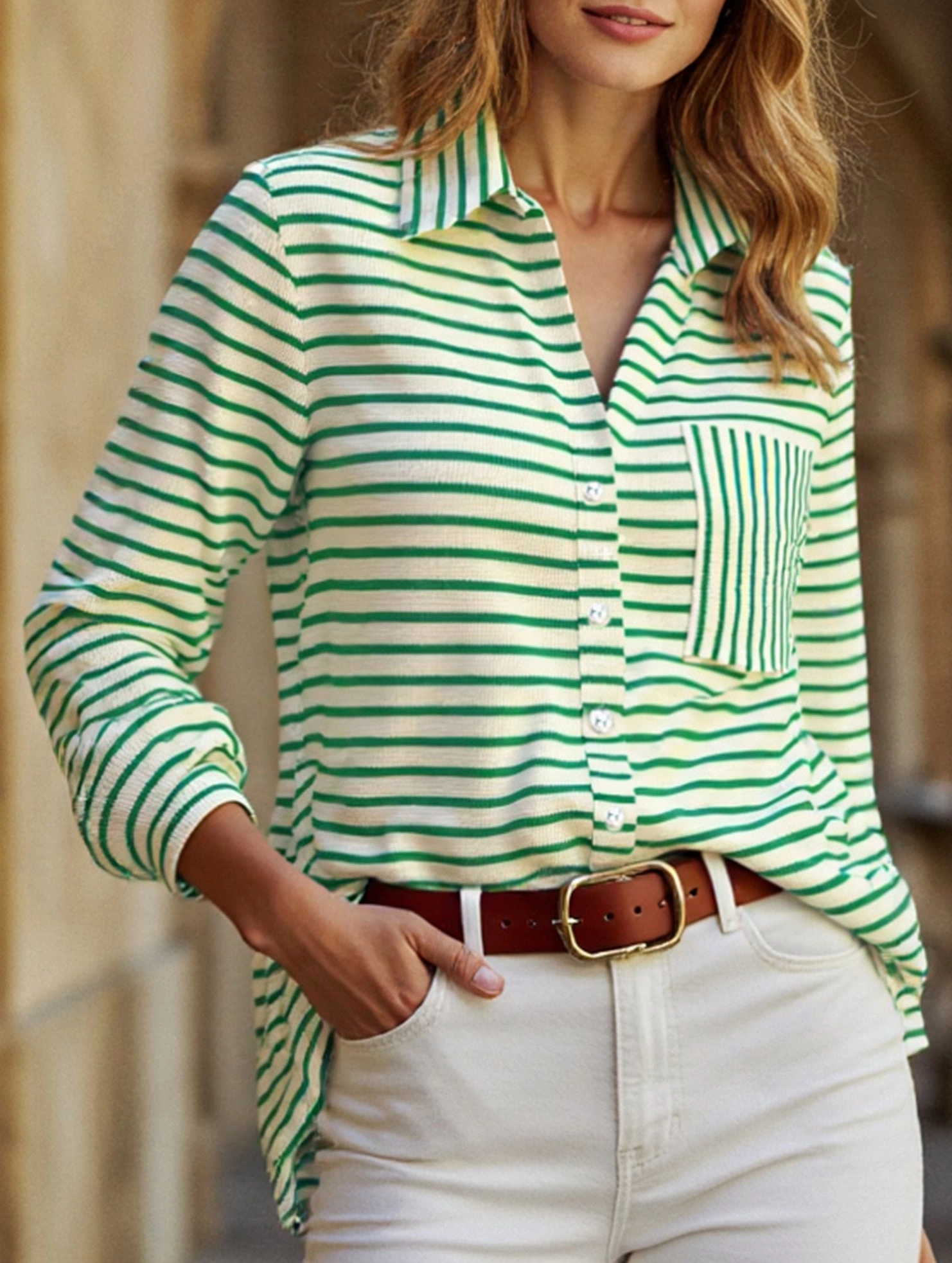 Interlock Stitching Cute Striped V-Neck Button-Down Shirt