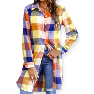 Multicolor Plaid Cotton Midi Sleeve Shirt Dress