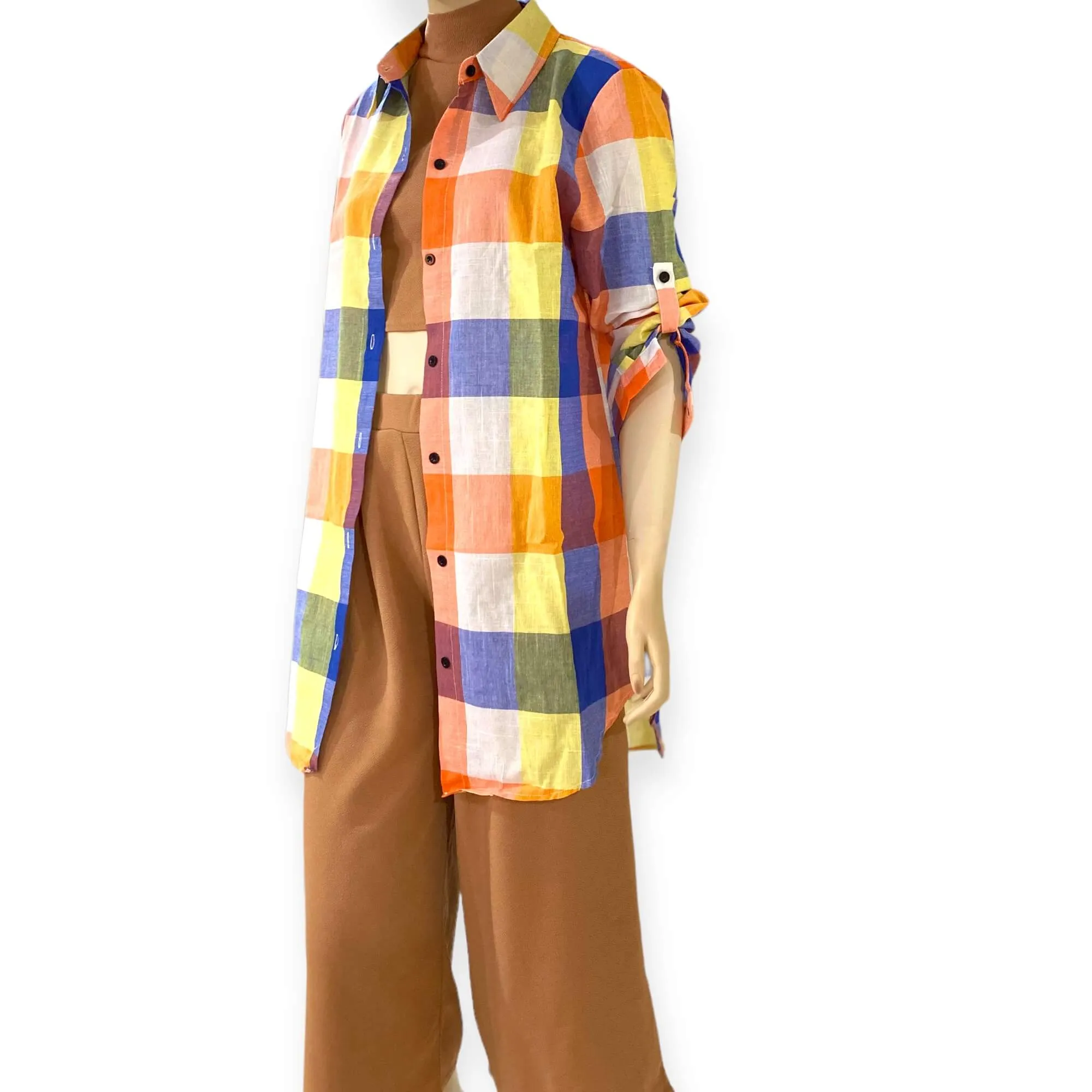 Multicolor Plaid Cotton Midi Sleeve Shirt Dress