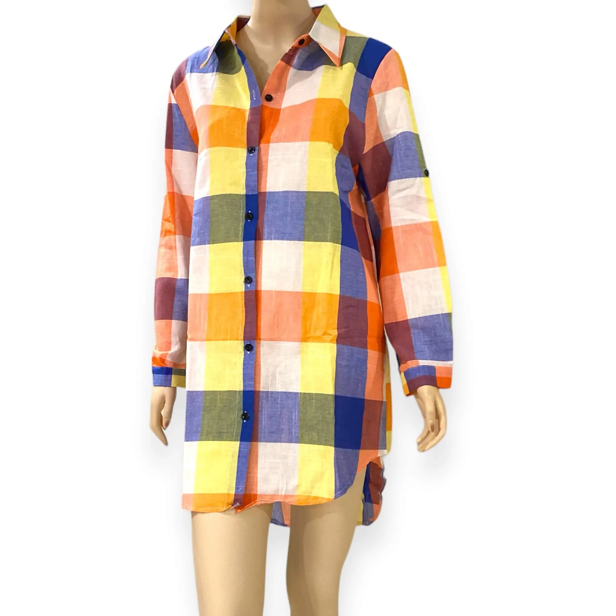 Multicolor Plaid Cotton Midi Sleeve Shirt Dress