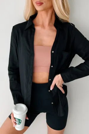 Low Profile Seaming NonRestrictive Fit Timeless Appeal Linen Button-Up Top (Black)