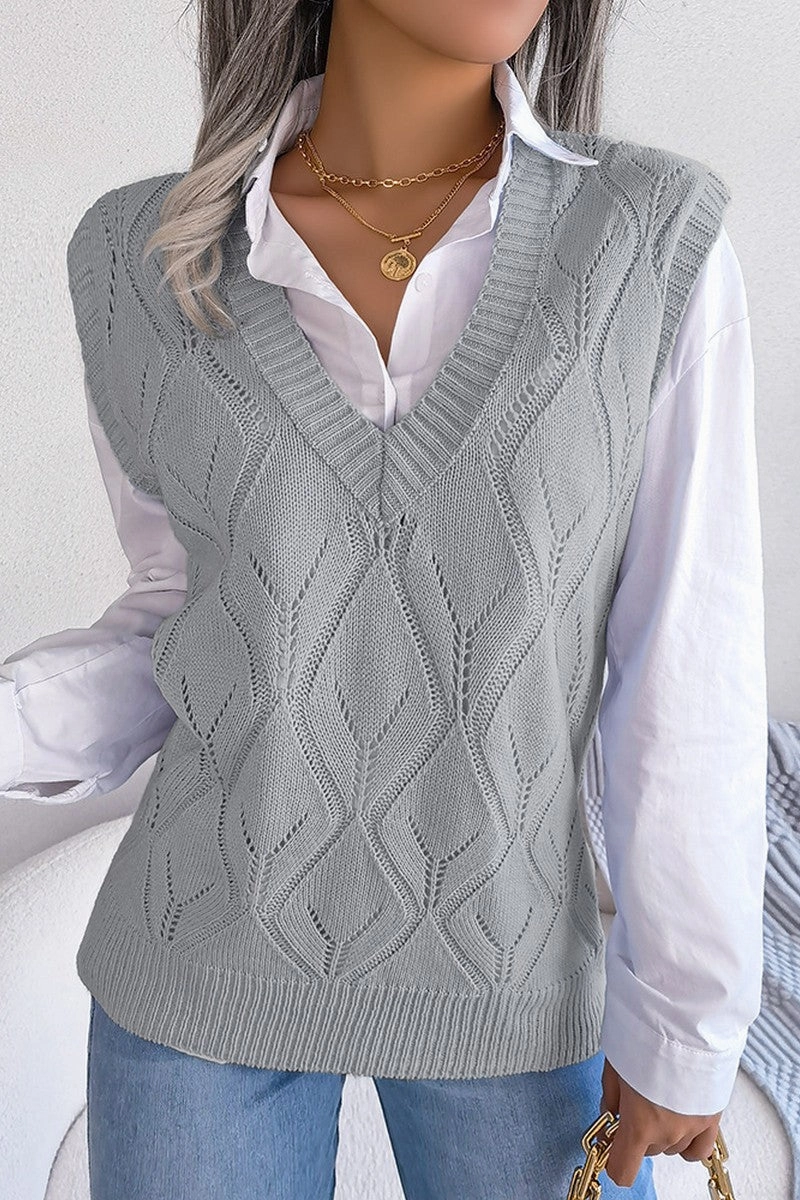 WOMEN PUNCHING KNITTED LOOSE FIT SWEAT VEST Ribbed Hem Finish CompressionSupportWeave